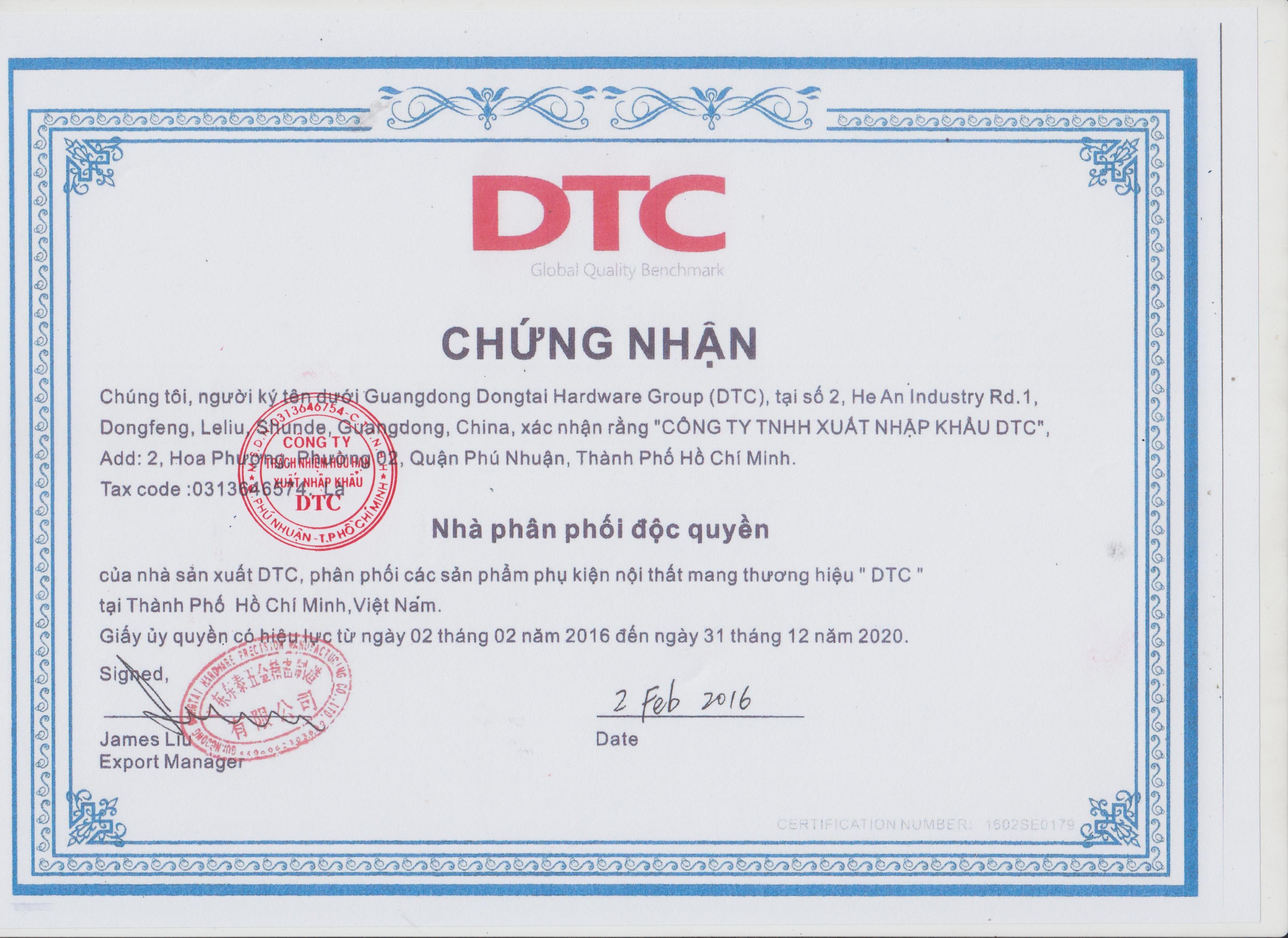 Giấy chứng nhận Nhà Phân Phối Độc Quyền Thương Hiệu DTC tại Việt Nam